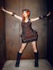 STEAMPUNK STORY SP027 BR Steampunk short brown black striped dress with fishnet RQBL