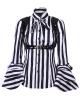 Black and white striped shirt with flared sleeve and and vinyl harness, gothic