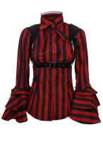 STEAMPUNK STORY Black and red striped shirt with flared sleeve and vinyl harness, Gothic