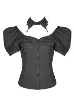 STEAMPUNK STORY Y-963BK WY-963CDF-BK Lilith black shirt with embroidery, balloon sleeves and removable bat collar, Punk Rave