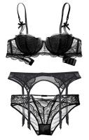 3pcs black lace lingerie set, bra, garter belt and panty sexy underwear