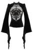 Black velvet top, flared sleeves, embroidered transparent fishnet bust, elegant goth
