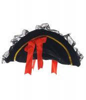 STEAMPUNK STORY Chapeau de pirate noir avec flot rouge, dentelle noire et bodure dore