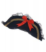STEAMPUNK STORY Black pirate hat with red bows, black lace and gold strip