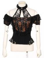 STEAMPUNK STORY SP139BK Black and brown steampunk top with bare shoulders, lace and choker RQBL