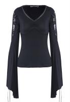 Black top with long flared sleeves, lace-up and embroidery, elegant Gothic, Darkinlove