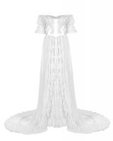 STEAMPUNK STORY Q-447WH WQ-447LQF-WH White satin long dress with embroidery and train, aristocrat wedding