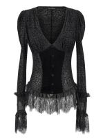 STEAMPUNK STORY SHT056 Semi-transparent black baroque patterns shirt with lace, elegant goth