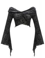 STEAMPUNK STORY TT155 Black silver crop top with elegant semi transparent floral pattern and long sleeves